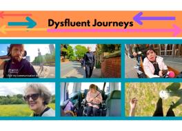 A montage featuring people walking, in wheelchairs or playing football, with 'Dysfluent Journeys' above them