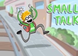 An illustrated boy running along a train station platform with a smile on his face and arms outstretched. The words 'Small Talk are next to him.