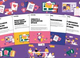 Five pages with text and images, surrounded by illustrated people and objects