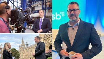 A montage: a man smiling for the camera, another of him being interviewed outside Parliament, and the man in front of a television camera
