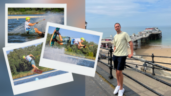 A man standing near a pier, with three insert pictures of the man wakeboarding
