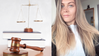 A set of scales, a gavel, and a woman smiling