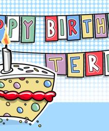 An illustrated slice of birthday cake, with bunting above it, spelling out Happy birthday Terry!