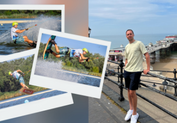 A man standing near a pier, with three insert pictures of the man wakeboarding