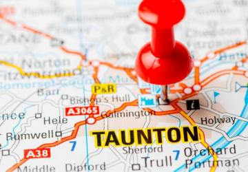 A map with a pin marking the placename 'Taunton'