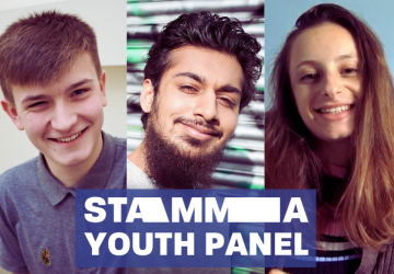 Three separate pictures of two young men and a young woman looking at the camera, with the words STAMMA Youth Panel