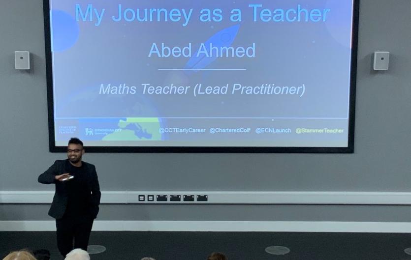 Resources for teachers Abed Ahmed, teacher and stammering advocate, speaking in front of a whiteboard