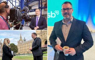 A montage: a man smiling for the camera, another of him being interviewed outside Parliament, and the man in front of a television camera