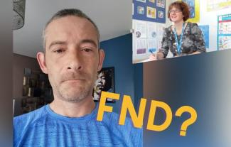 A man looking at the camera. Beside him is the text 'FND?' and a woman wearing a lanyard