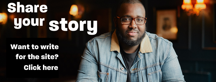 A young man sitting in a pub looking at the camera with the text 'Share your story'