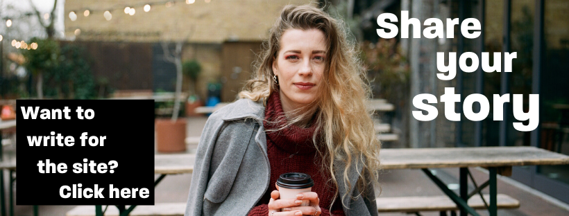 Woman on a bench with the text 'Share your story. Click here'