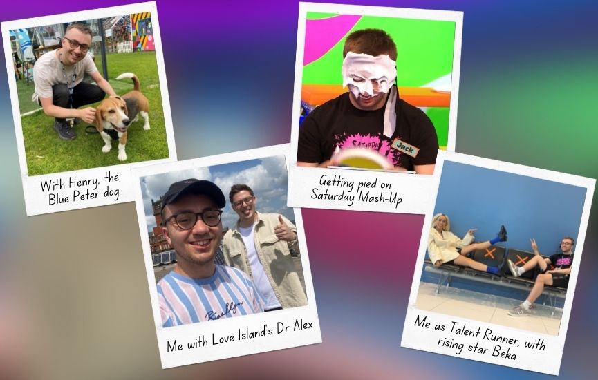 Four polaroid pictures of a man, one posing with a dog, one with a man, one being gunged on TV, and the other with a woman